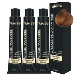FemMas Haarfarbe 3x Hellblond Gold Intensiv 8.33 I Professionelle Creme Haarfarbe mit Arganöl, Keratin & Ceramiden I dauerthafte Haarfärbung oder Tönung für strahlende Farbergebnisse I 100 ml