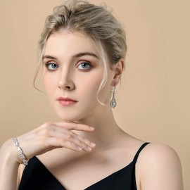 Cubic Zirconia Bridal Earrings Silver - Sterling Silver Pear Shape Crystal CZ Dangle Earrings Teardrop Rhinestone Wedding Chandelier Earring for Bride Bridesmaids Mother of Bride Pageant Gala Prom