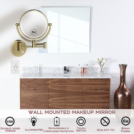 RECKODOR Rechargeable Lighted Makeup Mirror Wall Mounted, Double Sided 1X/5X Wall Mount Magnifying Mirror for Bathroom, Brass Wall Mounted Mirror Swing Arm, PVD Zirconium Gold