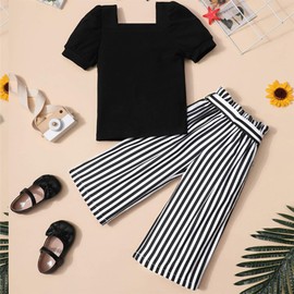 Xumplo Girls Clothes Set Toddler Girl Outfits Kids Clothing Sets Short Sleeve Top + Bow Bow Striped Pants + Bow Headband 3Pcs 4-5 Years
