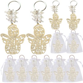 12 PCS Baptism Angel Design Wood Keychain Party Favors for Boy or Girl Recuerdos de Bautizo With Organza Bags Silver