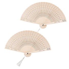 2 PCS Wooden Folding Fan, Sandalwood Fan Decorative Hollow Fan Wooden Fans Vintage Folding Handheld Fan Wooden Wedding Fan Ornament Chinese Fan Wood Hand Fans with Tassels for Women Folding Wedding