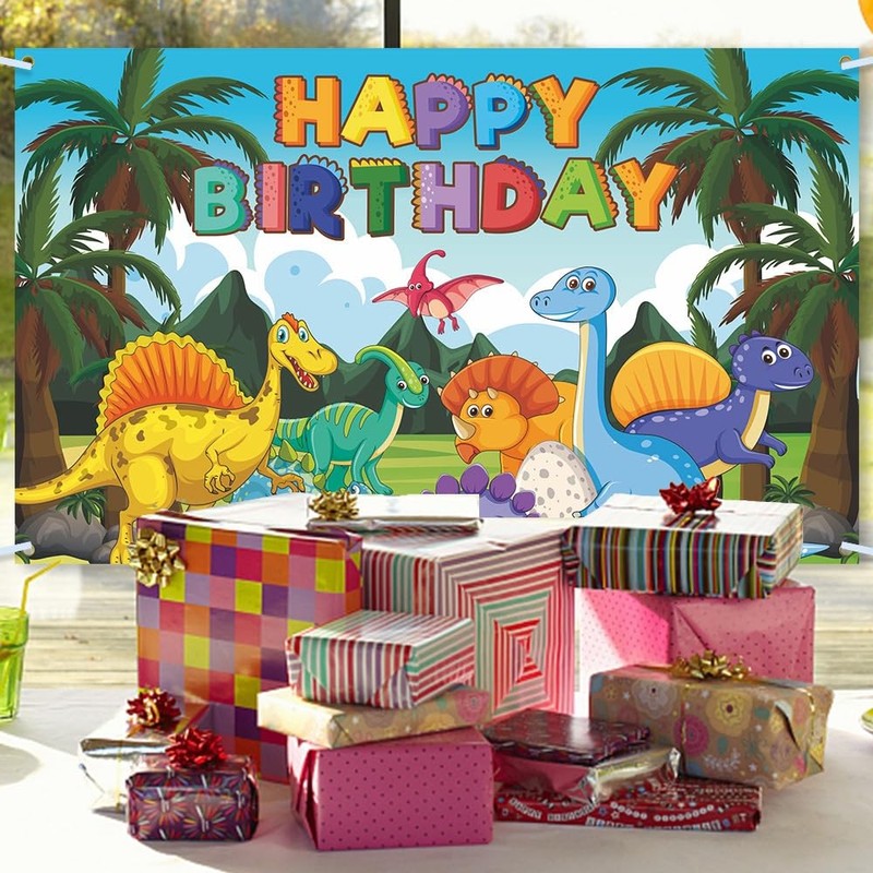 Dinosaur Birthday Party Backdrop Banner, 180 x 110 cm, Colourful