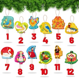 DECYOOL 12 Days of Christmas Ornaments - Wooden Christmas Tree Hanging Ornament Set with Twelve Days Pendants, Partridge Ornament Gifts for Xmas Holiday Party Supplies Decor