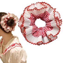 Jaczora 1 PCS Oversized Frilly Red White Gingham Scrunchies, Lace Elastic Hair Ties Ropes Hair Scrunchies,Ponytail Holder Hair Accessories for Ladies Girls, Thick Hair Bulk Scrunchies Accessories