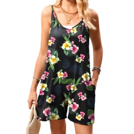 MAKABO Short Rompers for Women Casual Flowy Black Floral Loose Fit Sleeveless Cute Swimsuits Overall for Summer, L
