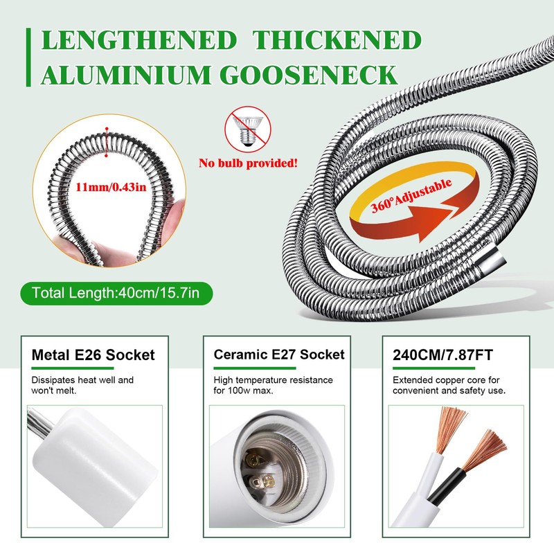 Reptile Heat Lamp,Tortoise Heat Lamp with 40CM Lengthened Gooseneck,Grow Light