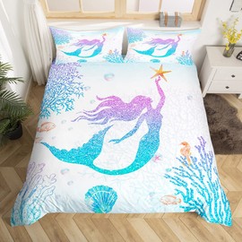 Castle Fairy Mermaid Duvet Cover Set Twin Size Rainbow Watercolor Glitter Bedding Set for Kids Girls Women Teens Room Decor, Mermaid Fish Scale Comforter Cover Ocean Coral Shell Quilt Cover 2pcs