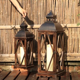 DECORKEY Large Farmhouse Wooden Metal Lantern Set of 2, 30''/22'' H Rustic Decorative Indoor & Outdoor Hanging Candle Lanterns, Wooden Outdoor Lanterns for Patio Front Porch Table, Brown