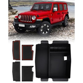 FIILINES Center Console Organizer for Jeep Wrangler JL JLU 2018-2024/ Gladiator JT 2020-2023/ 4XE 2021-2023, Console Tray Armrest Storage Box, Orange and Black Mats