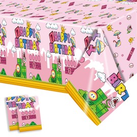 USERTEN 2Pcs Super Brothers Adventure Party Tablecloths 108 x 54 inches Video Game Theme Plastic Table Cloth Fits for Princess Peach Girl Birthday Party Decoration Pink Disposable Tablecover Supplies