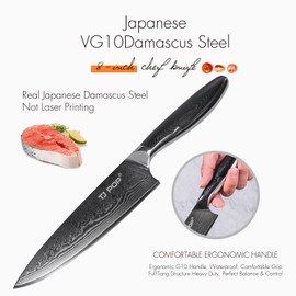 TJ POP Damascus Chef Knife 8 Inch, Professional Kitchen Knife, Ultra Sharp Meat Knife, Full-tang Designed, Japanese VG-10 Steel Blade, Comfort Grip Non-slip G10 Handle