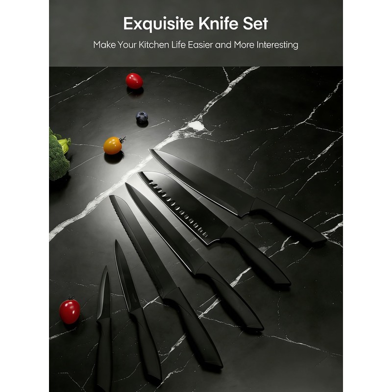 D.Perlla Black Knife Set with Sharpener 7 Pieces Stainless Steel