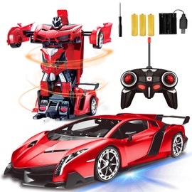 AMENON Remote Control Transform Car Robot Toy for Boys Kids Teens Toys with Lights RC Car 2.4Ghz 1:18 Rechargeable 360°Rotating Race Car Toys Gifts for Kids Girls Party Favors (Red)