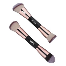Aura Brochas de maquillaje facial, 2 brochas de maquillaje de doble punta para aplicar líquido, crema y polvo. Incluye pinceles planos, de contorno, en ángulo y de mezcla. Brochas de base y mezcla.