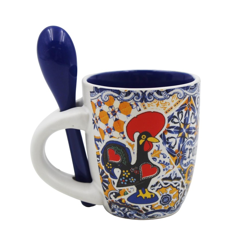 Portuguese Rooster Sardine Azulejo Ceramic Espresso Set - With Spoon