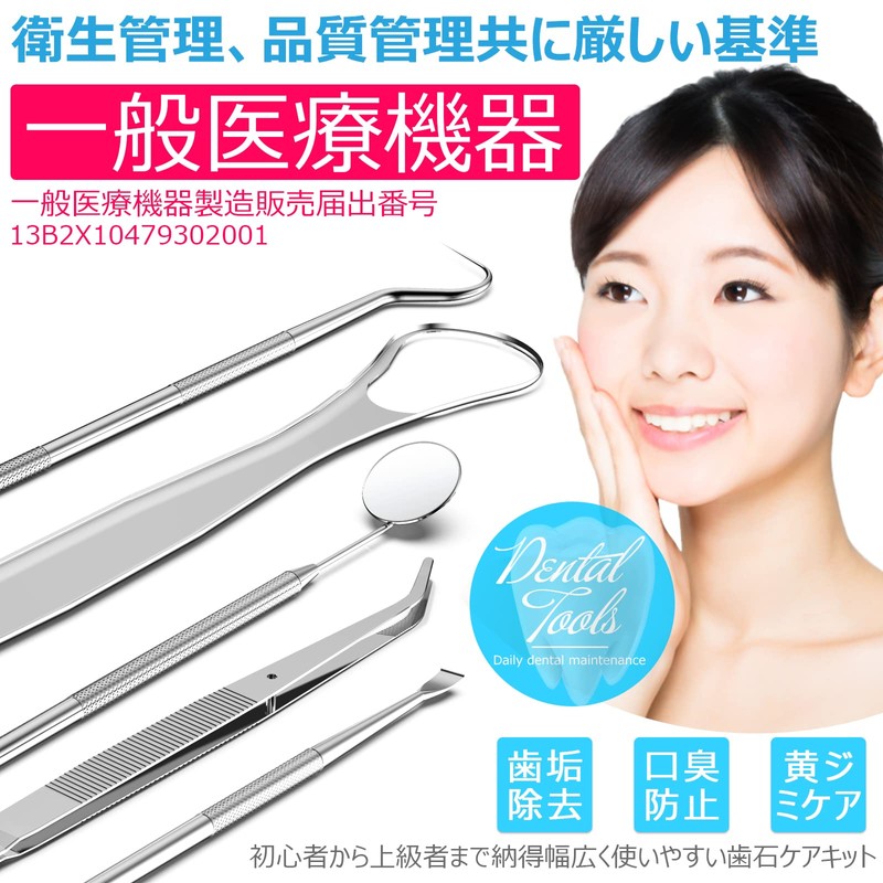 シルバー 【一般医療機器】歯石取り 器具 デンタルミラー スケーラー 舌ブラシ 歯垢除去 ステンレス鋼製 収納ケース付き 五点セット