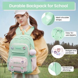 Tanou School Backpack Girls Teenager School Bag Kids, Large Capacity School Backpack for Girls 3rd to 7th Grade, Lightweight Nylon School Bag Kawaii for School Travel Casual, Green, Kawaii Style