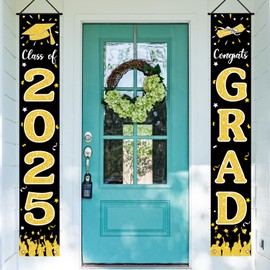 Black Graduation Decorations 2025, Congrats Grad Banner Porch Sign for Class of 2025 Any Schools Graduates Party Supplies, 71x12 Inch