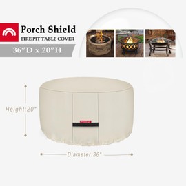 Porch Shield Fire Pit Cover - Waterproof 600D Heavy Duty Fade Resistant Round Patio Fire Bowl Cover Beige - 36 inch
