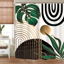Miyotaa Abstract Emerald Green Shower Curtain Set 71Wx71H Inches Mid Century Modern Minimalist Tropical Leaves Geometric Contemporary Polyester Waterproof Bathroom Curtain with 12 Hooks