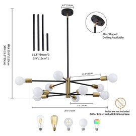 AMMACX Modern Sputnik Chandelier-Black and Gold Ceiling Light Fixture, Mid Century Globe Ceiling Chandelier for Living Room Dining Room Bedroom Kitchen, Height Adjustable, 10 Light (10-Light)