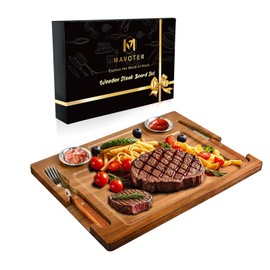 MAVOTER Acacia Wooden Steak Board - Steak Plate Cutting Board with Fork, Knife and Ramekins Wood Serving Board for Home 15.7 Inches (1 Set)