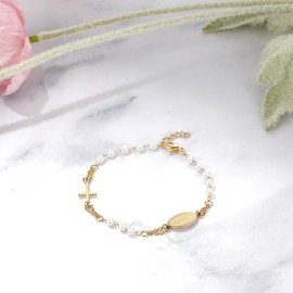 Cross Rosary Beads Catholic Bracelet: Pearl Stainless Steel Jesus Christ Crucifix First Communion Baptism Confirmation Cross Charm Bracelet for Men Women, Gold