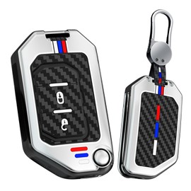 HIBEYO Folding 2 Button Key Fob Cover Compatible with Jeep Wrangler JL JLU Gladiator 4XE Accessories Alloy Carbon Fiber Texture Key Shell with Keychains-2 Button Silver