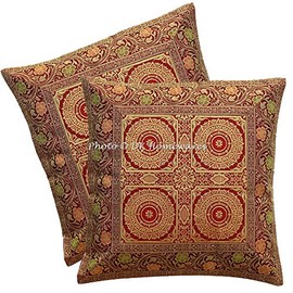DK Homewares Brocade Bohemian Maroon Sofa Decorative Cushion Covers 40 x 40 cm Brocade Jacquard Mandala Floral Square Throw Cushion Covers 16 x 16 Home Decor Set 2