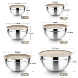 TeamFar Mixing Bowls, 6PCS Stainless Steel Mixing Salad Bowl Nesting Bowls with Lids & 3 Grater Attachments, for Food Cooking Baking Storing, Healthy, Khaki - 4.6/2.6/2 / 1.5/1 / 0.7 QT
