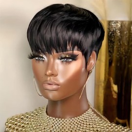 Bulapla Pixie Cut Wigs for Black Women Short Bob Wig Human Hair Glueless Wig with Bangs None Lace Front Wig Full Machine Made Wig Black Color (1B-2)