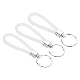[PATIKIL] Braided Keychain with Stainless Steel Key Chain 3pcs PU Braided Wristlet Lanyard Fob Keychain Holder Car Bag Purse Pendant White