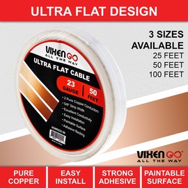 VIXEN GO Hidden Flat Wire 2 Conductor 23 Gauge Paintable Cable for LED Lighting, Smart Doorbell, Audio Speakers, Low Voltage Appliances 50FT