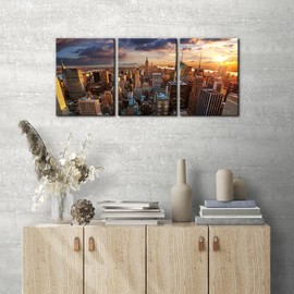 Pacimo 3 Panels New York City Wall Art Decor Skyline of US Canvas Pictures Modern Artwork Skyscrapers Buildings Cityscape at Sunset Painting Prints on Canvas for Home Living Room - 12" x 16" x 3