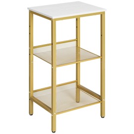 HOOBRO Side Table, 3-Tier Tall End Telephone Table with Adjustable Mesh Shelves, for Living Room Bedroom Hallway or Office, Tall and Narrow, White and Gold DW01DH01G1