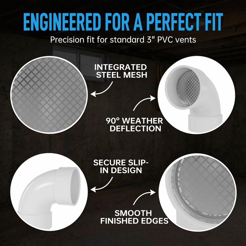 3 Inch PVC Termination Vent with Stainless Steel Screen, 90