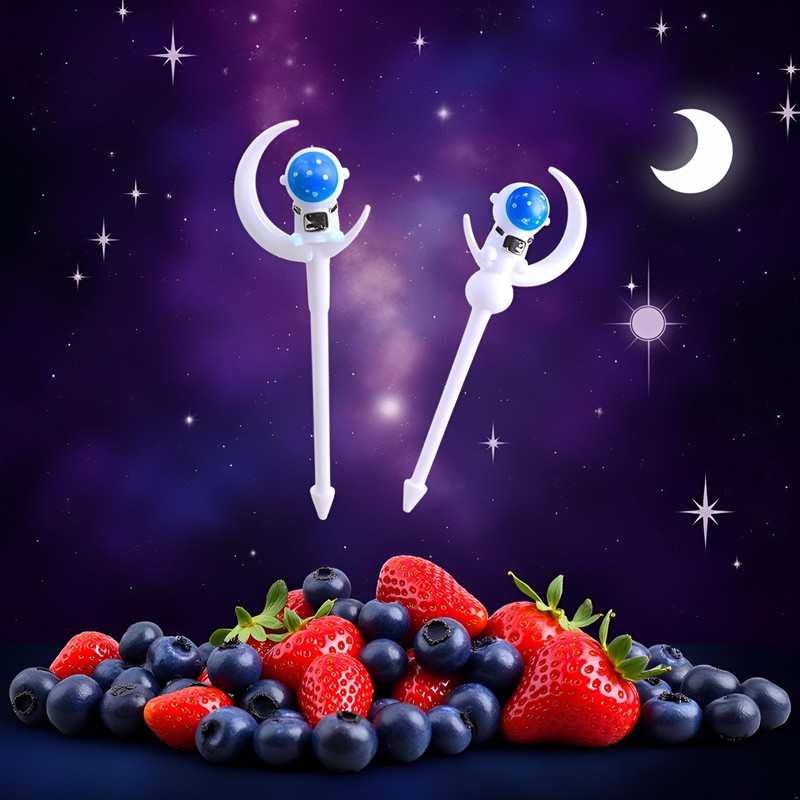 8pcs Blue and Gold Astronaut Fruit Fork for Kids, Fun