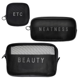 Set of 3 Sizes Mesh Cosmetic Bag Mesh Make Up Bag Storage Bag Square Mesh Travel Organiser Travel Cosmetic Bag Wash Bag for Travel Storage Bag, black, Mesh cosmetic bag net