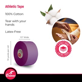 Cramer Team Color Athletic Tape, 1.5" x 10 Yards Purple, Easy Tear Sports Tape for Ankle, Wrist & Knee, Latex-Free Adhesive, Strong Support, Athletic Training Tape Roll