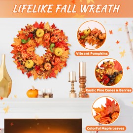 Fall Decor - Fall Wreaths for Front Door, 20 Inch Fall Wreath with Welcome Sign, Pumpkin Wreath Maple Leaves Berries Acorn Autumn Wreath for Harvest Thanksgiving Indoor Outdoor Decor