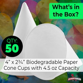 Eco-Friendly, Wax Free 4.5oz White Paper Cone Cups 50Pk. Small Dispenser Cup for Shaved Ice, Office Water Coolers, Sports Teams, Fundraisers. Disposable Craft Funnels for Oil or Protein Powder Drinks
