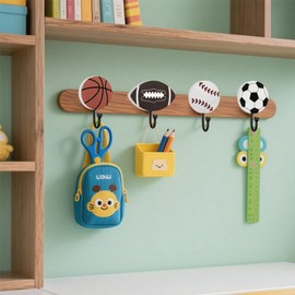 Xiuhusha 4 Pcs Sports Themed Wall Mounted Coat Hooks Set - Baseball Football Soccer Basketball Design, Wood & Metal Towel Hanger Storage, Screws Included, Perfect for Sports Fan Room Decor
