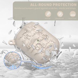 TUDIOW for Airpods Pro 2nd/1st Generation Case with Lock, Floral Flower Engraved Airpod Pro 1&2 Protective Cover with Cleaner Kit&Keychain&Lanyard for AirPods Pro 2nd/1st Gen (Off White)