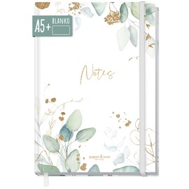 paper&you® Notebook A5+ Blank with Elastic Band [Gold Leaf] 156 Pages, 78 Sheets | as Bullet Journal Sketch Book Sketchbook Diary Notebook Sustainable & Climate Friendly