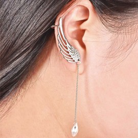 TseenYi Wing Stud Earrings Cuff Earrings Crystal Angel Wings Earrings Silver Teardrop Tassel Chain Earrings CZ Dangle Earrings Ear Cuffs Jewellery for Women and Girls (Right Ear 1pcs)