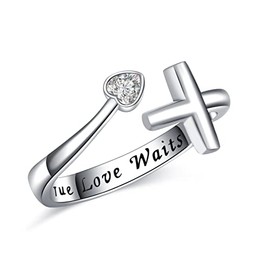 YMHOP Sterling Silver True Love Waits Heart Cross Ring Blue Purple CZ Adjustable Ring Jewelry Gift for Women Girls (White)