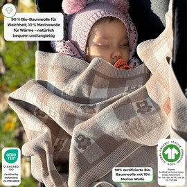 Little Dedi Baby Strickdecke, GOTS-Zertifiziert 100% Bio-Baumwolle mit Glücksbringer Kleeblatt, weich & leicht, ideal zum Pucken und Kuscheln im Geschenkbox (Mokka Braun, 80x100 cm, Teddybären Merino)