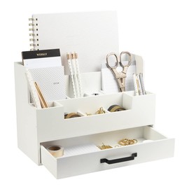 BLU MONACO White Wooden Desk Organizer with Drawer – Office Desk Caddy for Supplies and Accessories – Stylish Desktop Storage for Women