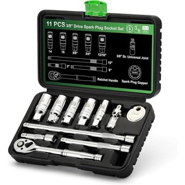 11-Piece Spark Plug Socket Set with 3/8" Drive Ratchet Handle, Spark Plug Gapper, Universal Joint and Extension Bar, 5/8", 3/4", 13/16", 14mm, 18mm, CR-V Sockets with Rubber Retaining Rings - Size: 11-Piece Spark Plug Socket Set